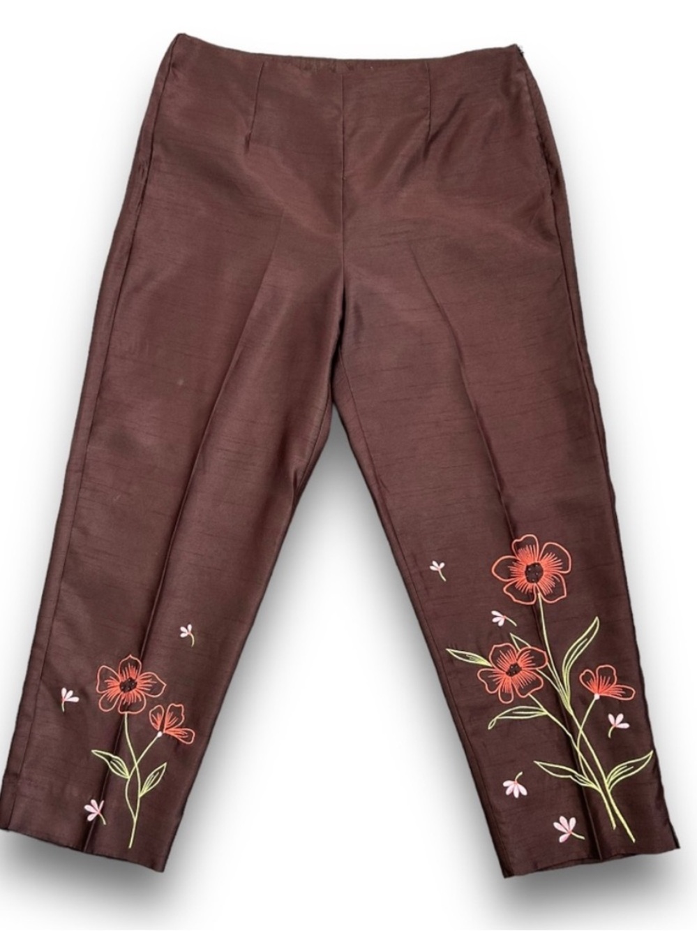 4/$20 Requirements Petite Brown Floral Embroidered Crop Dress Pants Size 10P - Picture 2 of 5